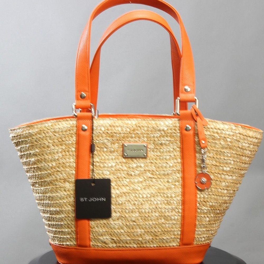 St John Orange Woven Straw Tote Bag